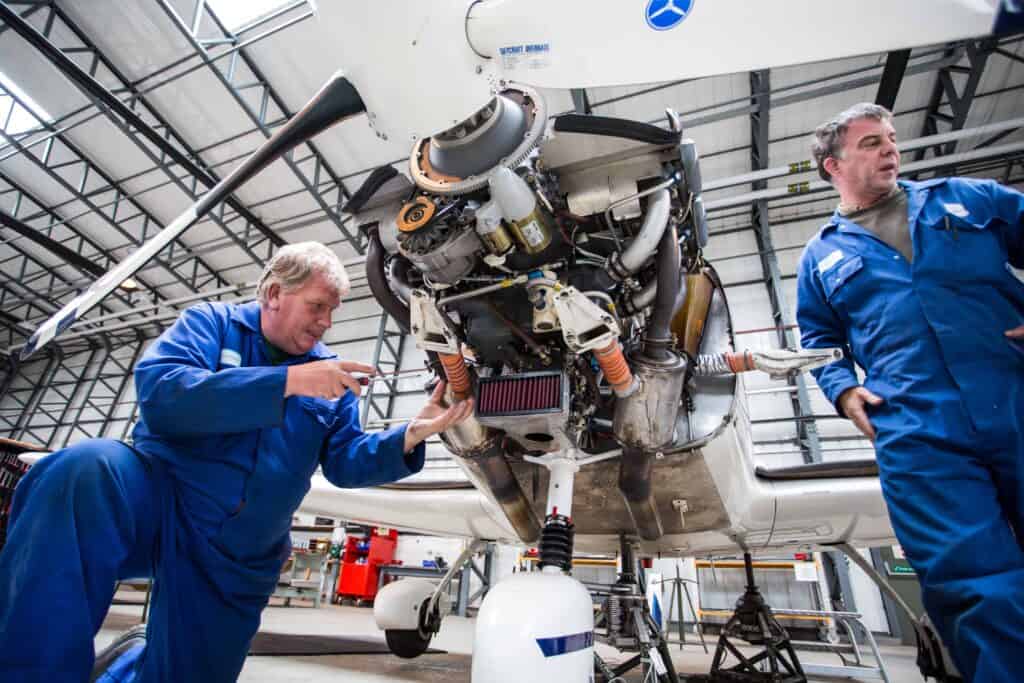 Grob-maintenance-at-RAF-Barkston-Heath Babcock technicians maintaining a Grob aircraft at RAF Barkston Heath
